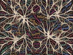 Bild zeigt viele Schlagworte, die in einem Neuronalen Netz zusammenlaufen