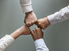 Bild zeigt vier ausgestreckte Arme, die Hände zu Fäusten geformt, die sich in der Mitte freundlich treffen