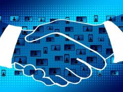 Bild zeigt zwei Hände beim Handschlag, im Hintergrund sind Kätchen mit Männchen als Symbol